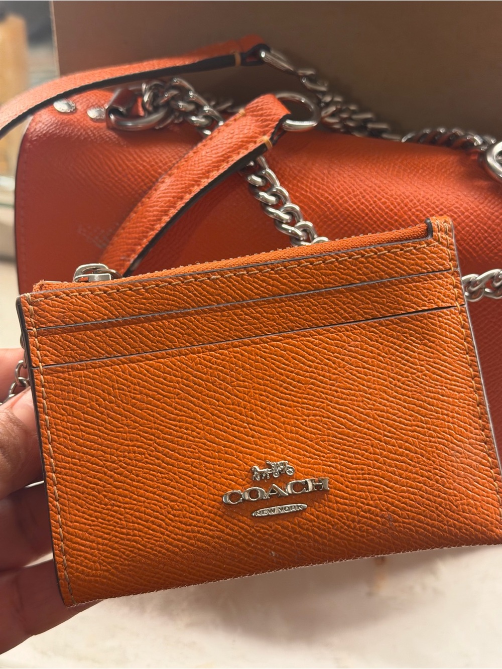 Coach Orange Leather Chain Shoulder Bag with Card Case - Picture 2 of 8